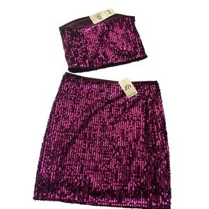 NWT Miss Selfridge Sequin Skirt Set Magenta crop tube top mini skirt small NEW